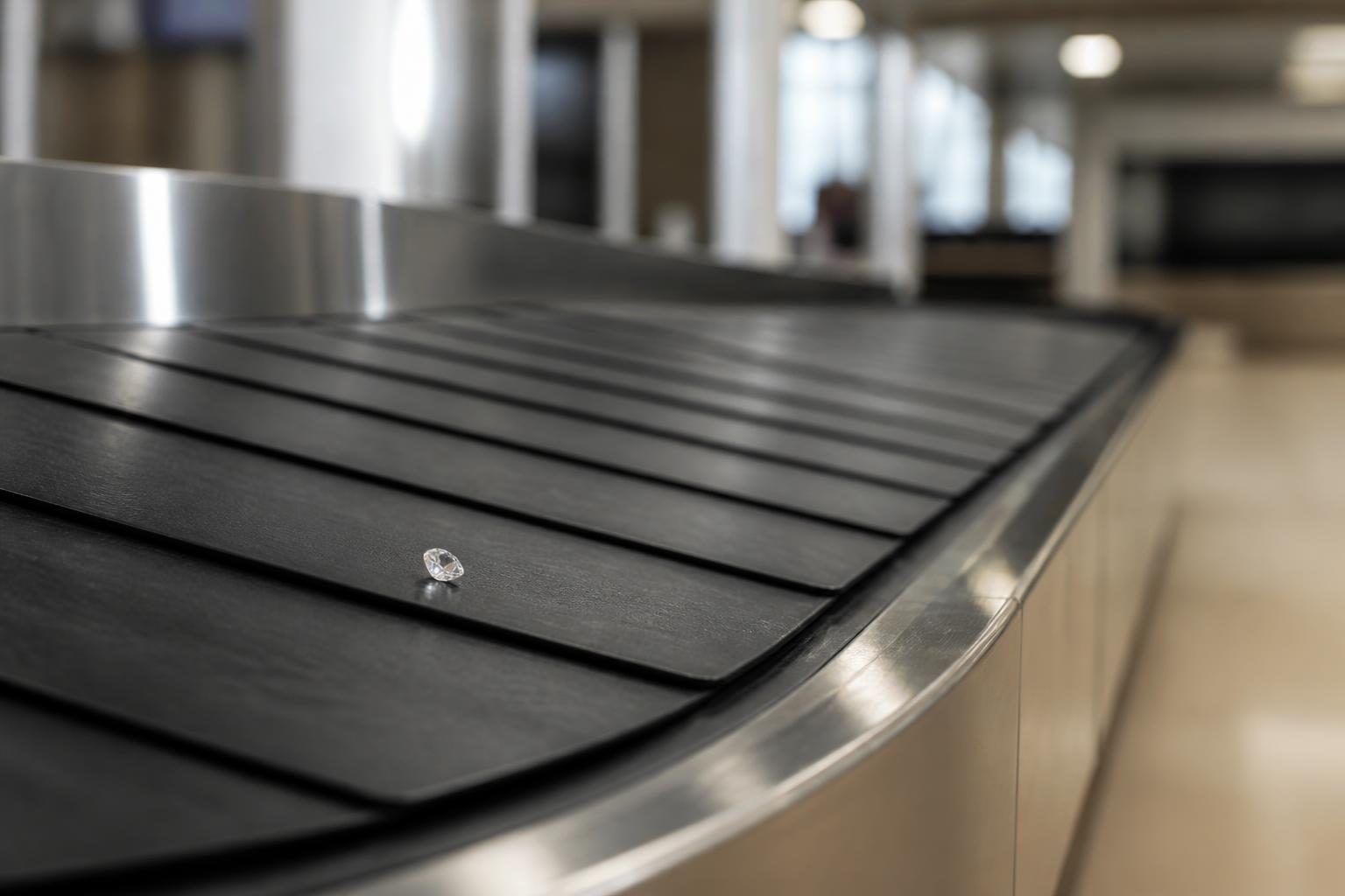 Airport workers recover a diamond from a baggage carousel
