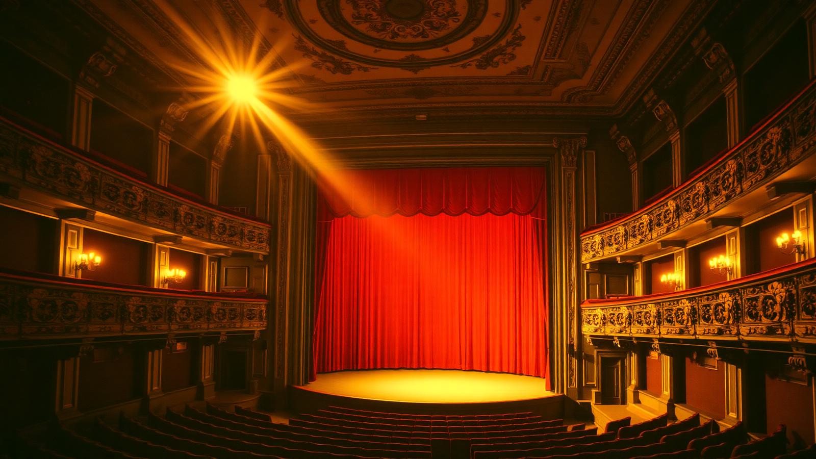 Empty ornate concert hall stage with a single golden spotlight.