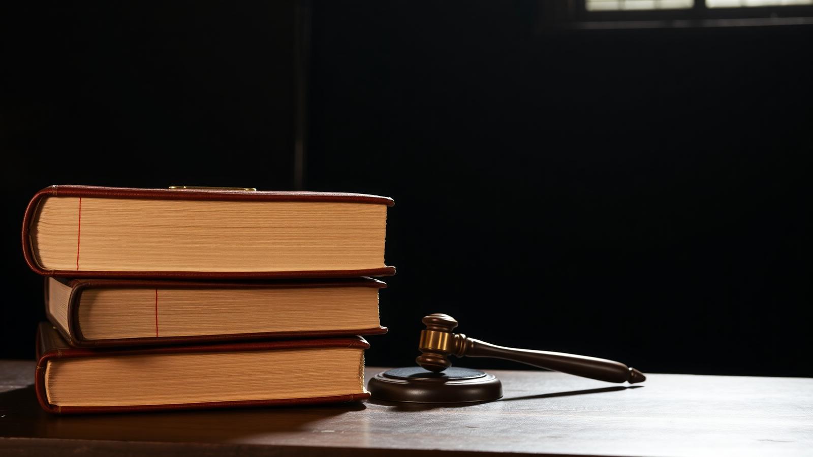 Leather-bound handwritten diaries stacked beside an auction gavel on a dark table.