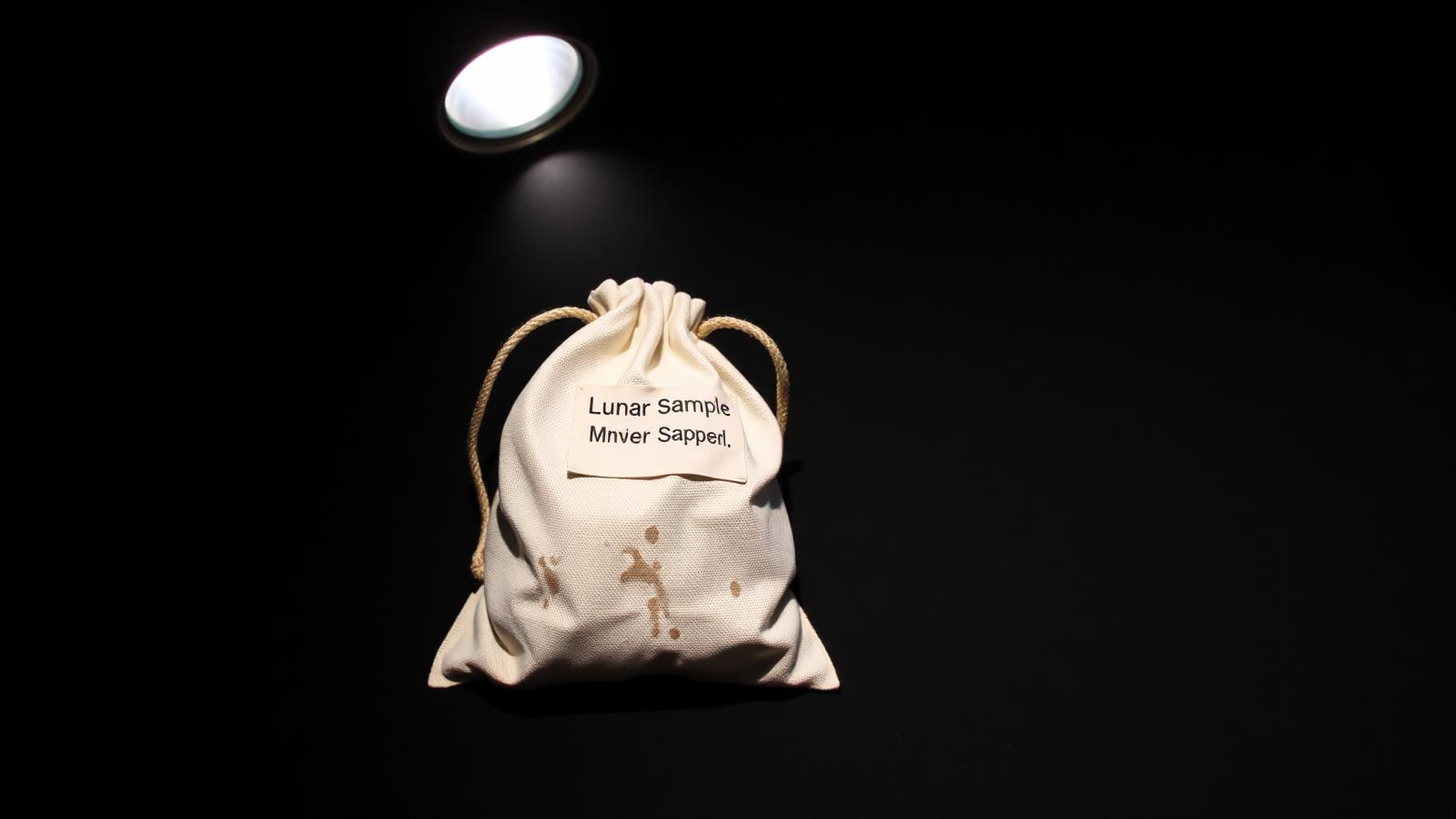 A white fabric lunar sample bag under a single museum spotlight.