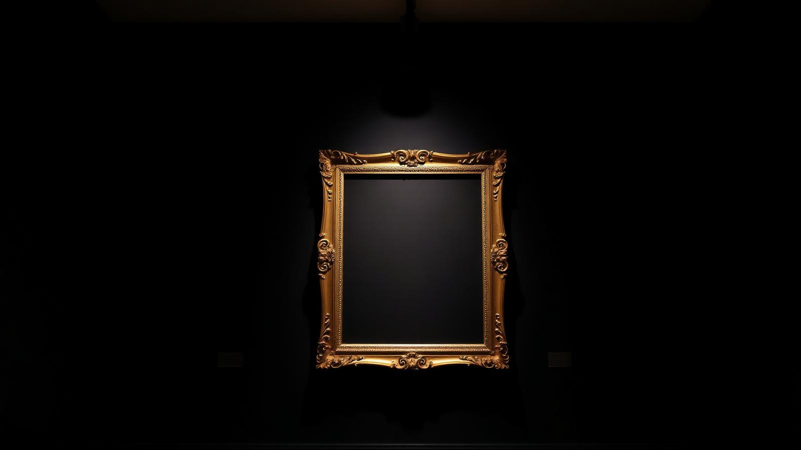 An empty ornate gold picture frame lit on a dark gallery wall.