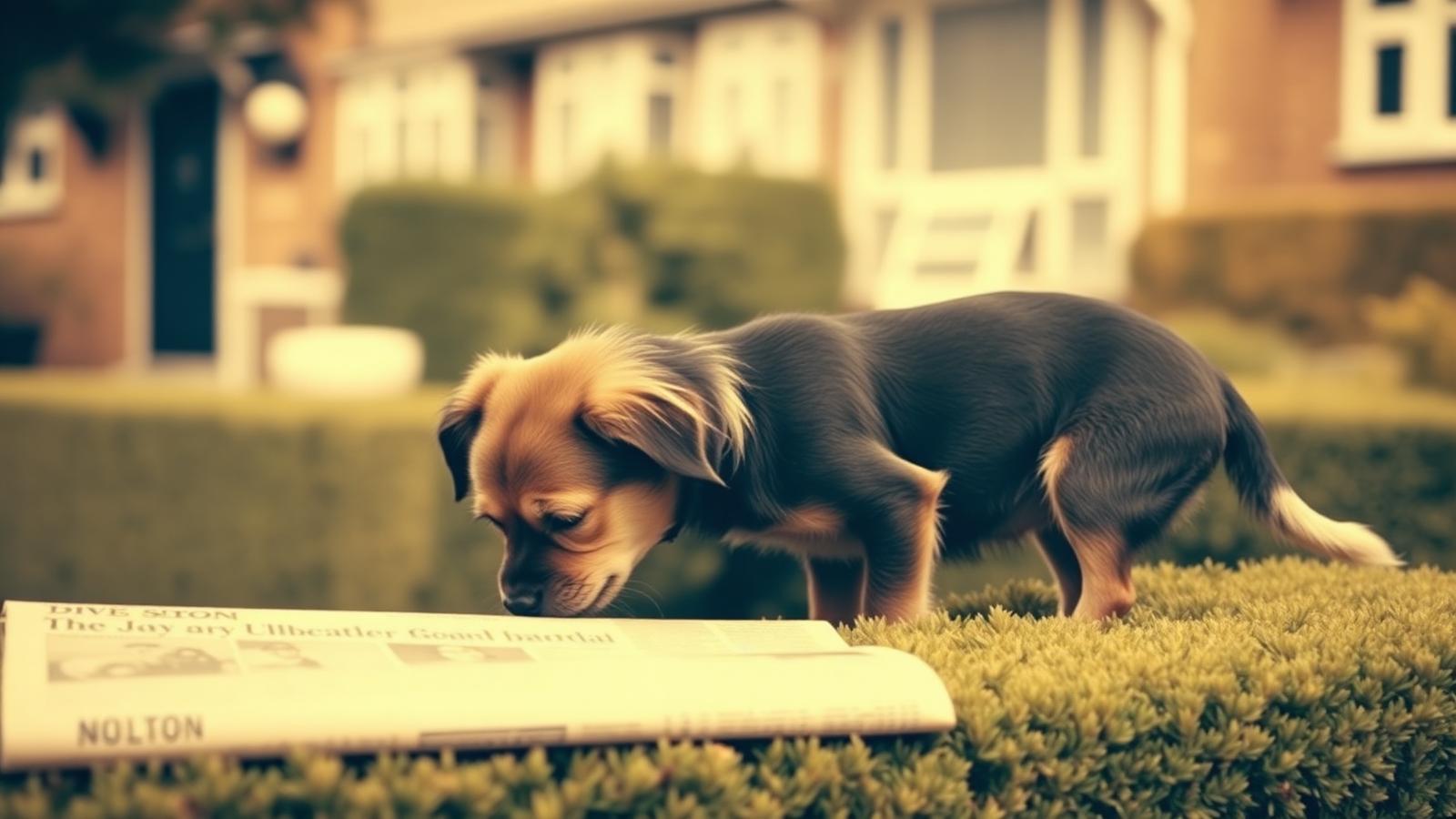 A small mixed-breed dog investigating a rolled newspaper by a suburban garden hedge.