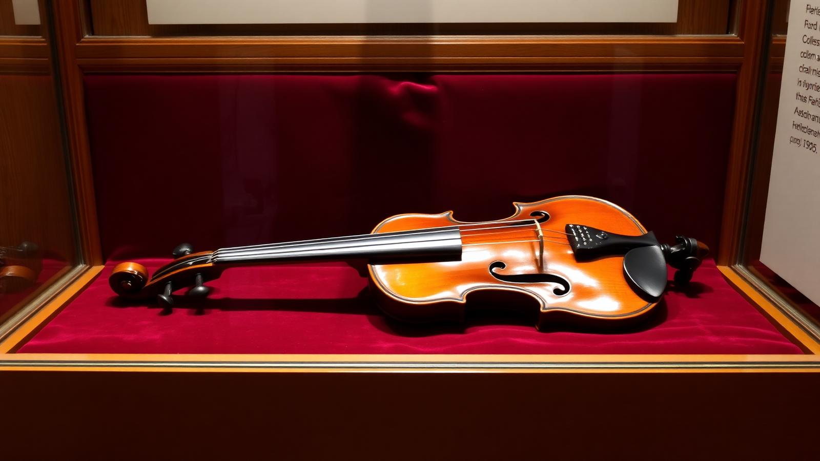 An antique Stradivarius-style violin on burgundy velvet inside a wood-paneled display case.