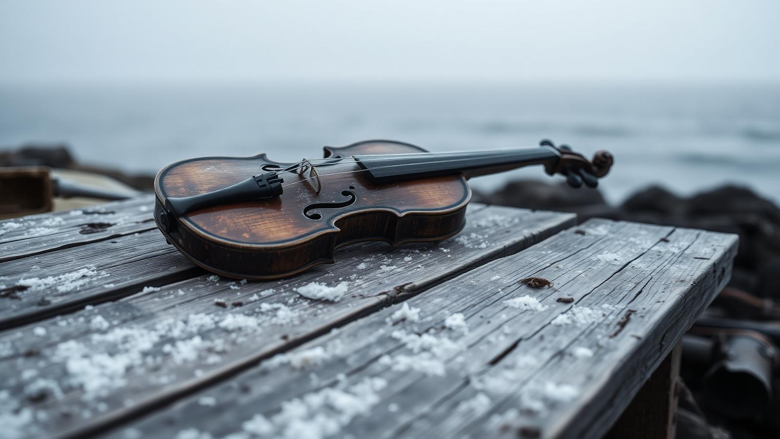 A weathered antique violin on salt-crusted planks against a cold gray ocean.