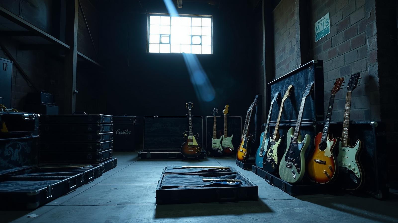 Vintage electric guitars and road cases inside a dim Culver City warehouse.