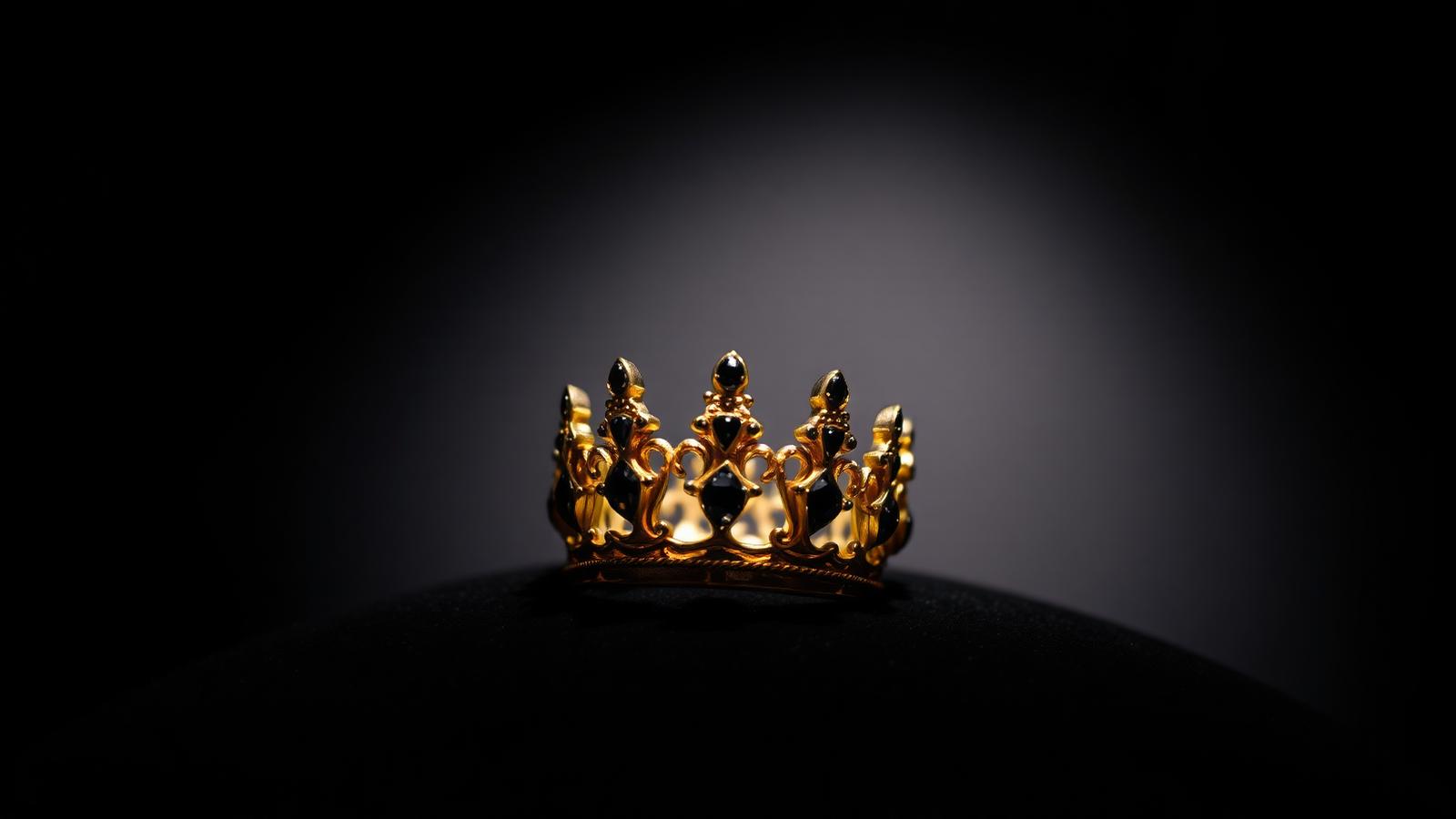 A gold crown-shaped ring set with dark gemstones under a museum spotlight.
