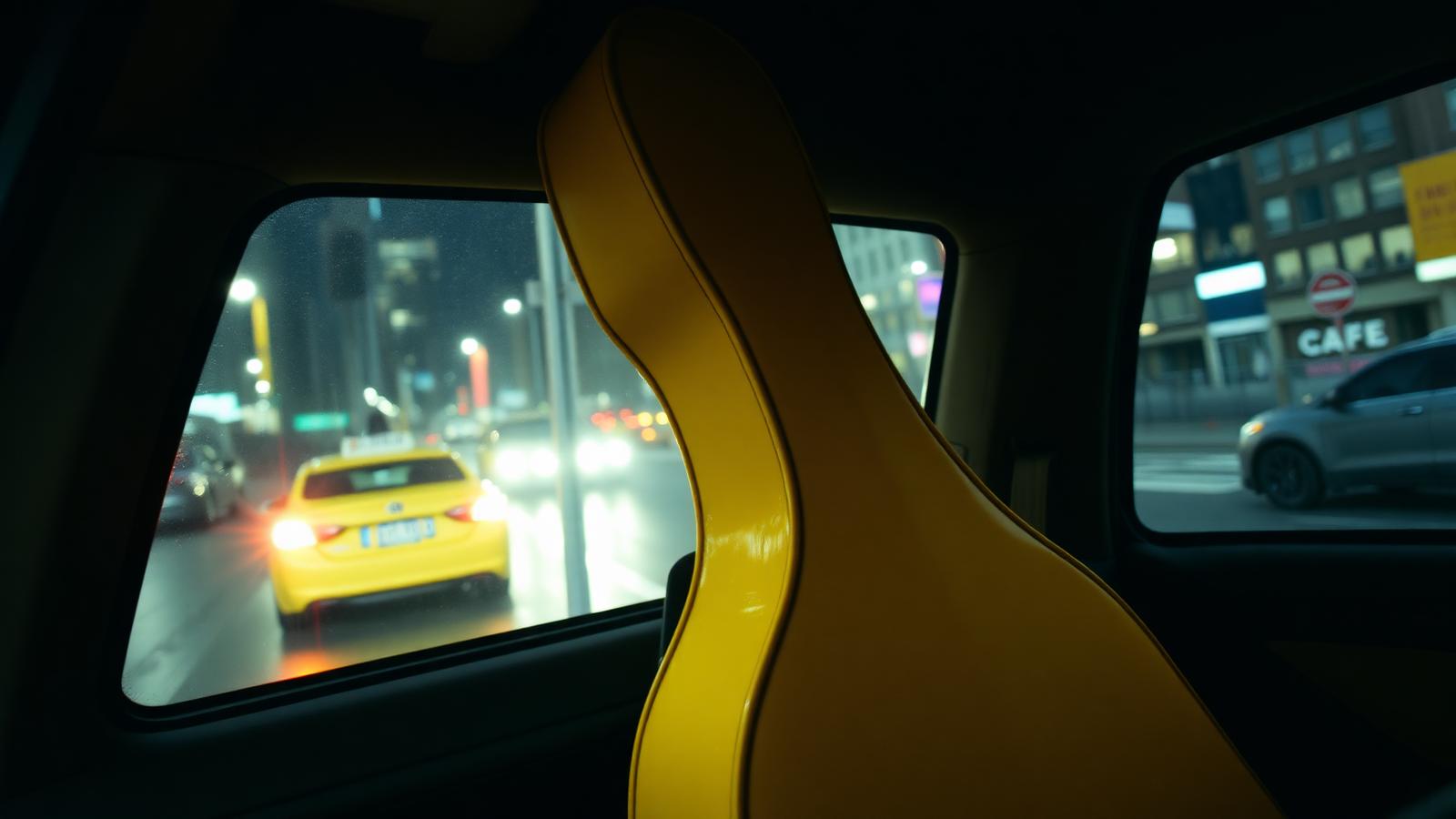 A hardshell cello case in the back seat of a yellow taxi on a wet city street at night.